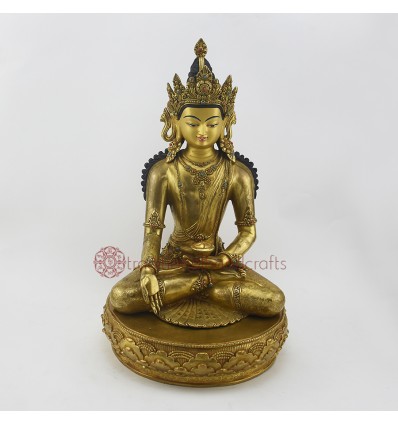 Hand Made Copper Alloy with  24 Karat Gold Gilded 14" Crowned Ratnasambhava Buddha Statue