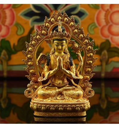 Machine Made Copper Alloy and Gold Plated 4.25" Chenrezig Statue