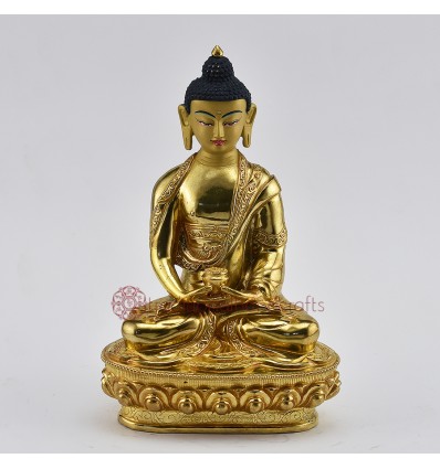 Fine Quality 8.25" Amitabha Buddha Gold Gilded Face Painted Copper Statue From Patan, Nepal 