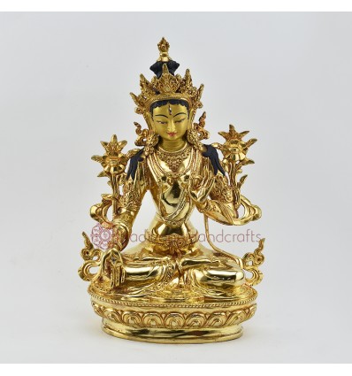 Hand Made Copper Alloy with Fully Gold Gilded 13" White Tara Statue Nepal