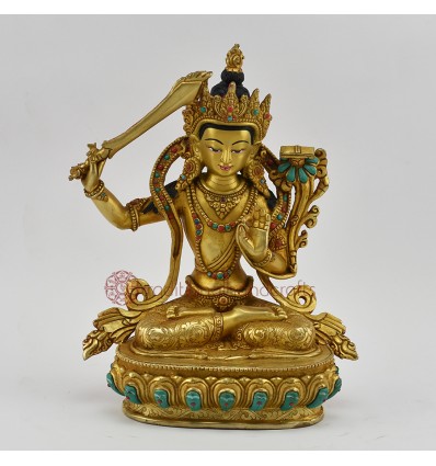 Hand Made Copper Alloy with Gold Gilded 9" Manjushri / Jambiyang Statue