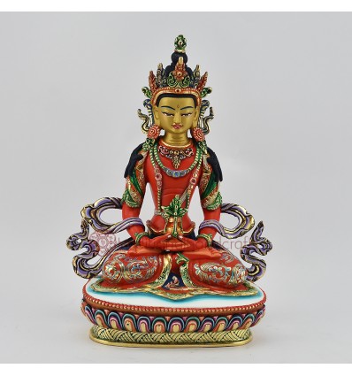 Hand Painted Copper Alloy with 24 Karat Gold Gilded 9" Aparmita Tsepame Statue