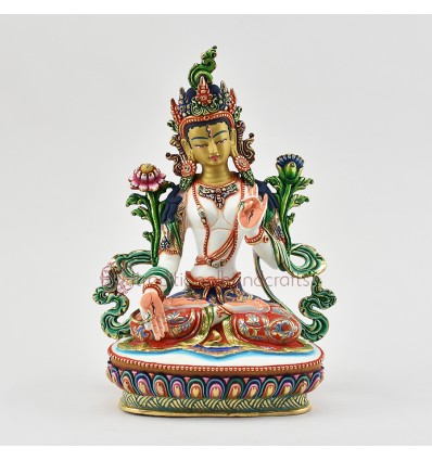 Hand Painted Copper Alloy with 24 Karat Gold Gilded 9" White Tara Dolkar Statue