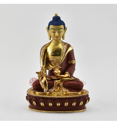 Fine Quality 8.25" Medicine Buddha Gold Gilded with Face Painted Copper Statue from Patan, Nepal