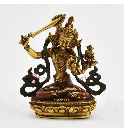 Gold Plated Copper Alloy and Hand Painted in Antique Finish Manjushri Statue