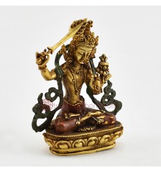 Gold Plated Copper Alloy and Hand Painted in Antique Finish Manjushri Statue