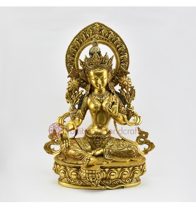 Fine Quality Hand Made 15" Green Tara / Drolma Copper Alloy Gold Gilded Statue