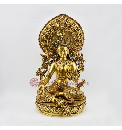 Fine Quality Hand Made 16" Green Tara / Drolma Copper Alloy Gold Gilded Statue