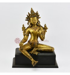 Hand Made Wooden Base 12" Green Tara / Drolma Copper Alloy Gold Gilded Statue