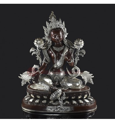 Hand Made Oxidized Copper Alloy with Silver Plating 20.25" Green Tara Statue