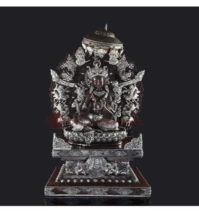 Oxidized Copper Alloy with Silver Plating 26.5" Green Tara on Throne Sculpture