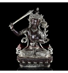 19" Manjushri / Jampelyang Lost Wax Method, Silver Plated Oxidized Copper Alloy