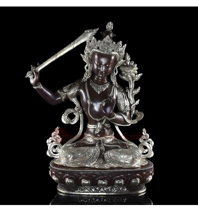 19" Manjushri / Jampelyang Lost Wax Method, Silver Plated Oxidized Copper Alloy