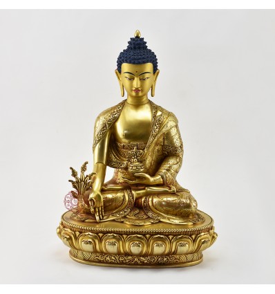 Hand Carved 13.5" Medicine Buddha Gold Gilded with Face Painted Copper Statue