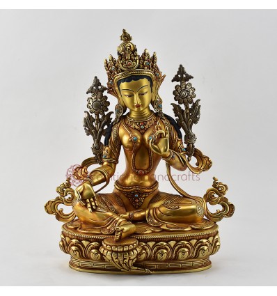 Gold Gilded with Silver Flowers and Hand Painted Face Green Tara statue