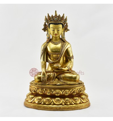 Hand Carved Gold Plated 15" Crowned Shakyamuni Buddha / Sangye Tomba Statue