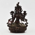 Hand Carved Green Tara Statue in Oxidation and and Decorated with Silver Plates