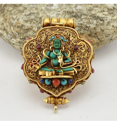 Hand Crafted Tibetan Buddhist Sacred Ritual Sterling Gold Plated Silver Green Tara & Chenrezig Ghau / Pendant / Prayer Box