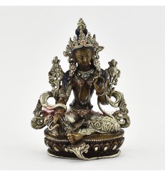 Fine Quality Oxidation Finish with Silver Plated Buddhist Tibetan 5.5" Green Tara / Dholma Statue