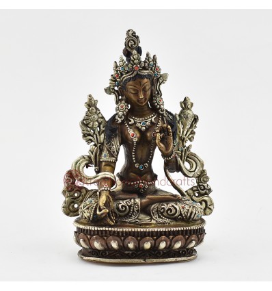 Fine Quality Oxidation Finish with Silver Plated Buddhist Tibetan 5.5" White Tara / Dholkar Statue