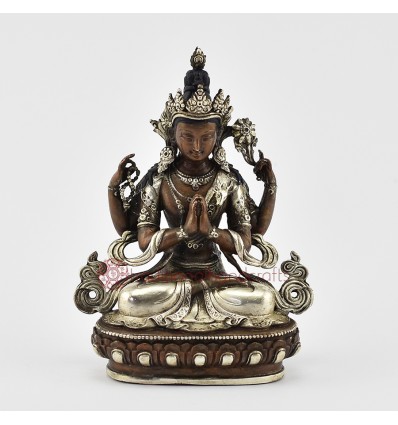 Silver Plated in Oxidation Finish 4.5" Chenrezig / Four Armed Avalokiteshvara Statue