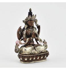 Silver Plated in Oxidation Finish 4.5" Chenrezig / Four Armed Avalokiteshvara Statue