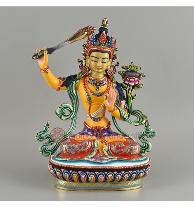 Hand Painted Copper Alloy with 24 Karat Gold Gilded 9" Manjushri Jambiyang Statue