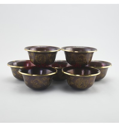 Hand Made Copper Alloy in Oxidation Finish with 24 Karat Gold Gilded 7 Bowls 4" Offering Bowls - Tings Set