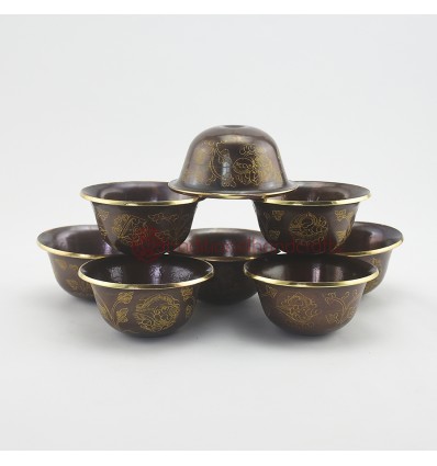 Hand Made Copper Alloy in Oxidation Finish with 24 Karat Gold Gilded 8 Bowls 4" Offering Bowls - Tings Set