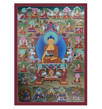 Hand Painted Shakyamuni Buddha & 16 Arhats Thangka Painting