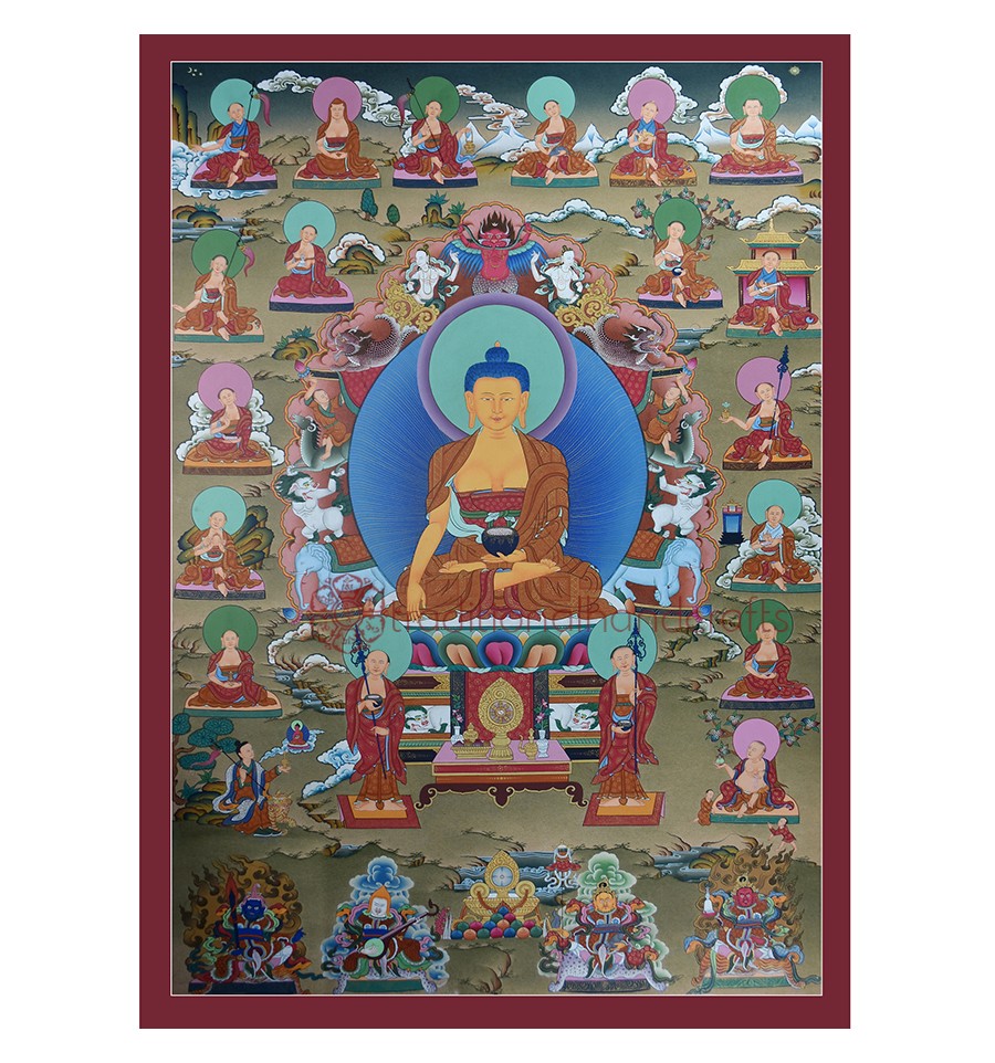 Hand Painted Shakyamuni Buddha & 16 Arhats Ritual Scroll Thangka Painting