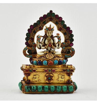 Hand Craved Gold Plated Chenrezig / Four Armed Avalokiteshvara Silver Statue