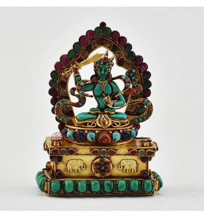 Hand Carved Gold Plated  Manjushri / Jambiyang Silver Statue