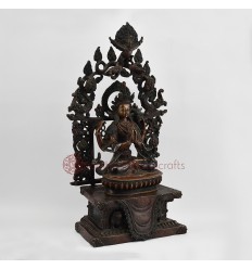 Hand Made Copper Alloy in Oxidation Finish 17.5" Chenrezig on Throne Sculpture