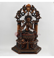 Hand Made Copper Alloy in Oxidation Finish 17.5" Green Tara on Throne Sculpture