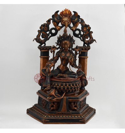 Hand Made Copper Alloy in Oxidation Finish 17.5" Green Tara on Throne Sculpture