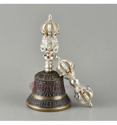 Hand Made Copper Alloy with  Silver Plated and Decorated with Turquoise and Coral Stones 8" Vajra & Bell Set