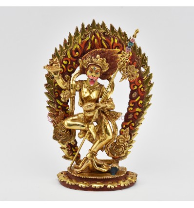 Hand Made Copper Alloy with Partly Gold Gilded 7.75" Simha Mukhi Jogini Statue