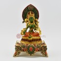 Hand Painted 24 Karat Gold Gilded Tibetan Buddhist Green Tara Drolma Copper Statue