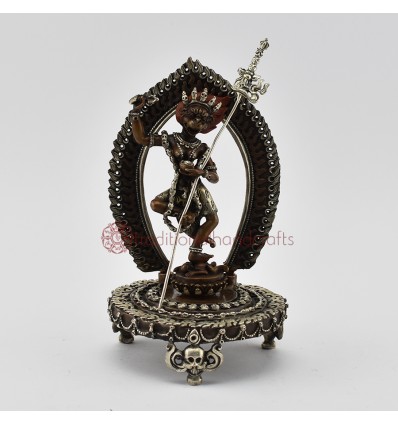 Fine Quality Oxidized Copper Alloy with Silver Plated 7" Simha Mukhi Jogini on Mandala Statue