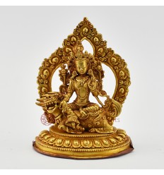 Fine Quality Copper Alloy with Gold Plated 5" Green Tara on Lion Statue