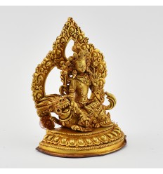 Fine Quality Copper Alloy with Gold Plated 5" Green Tara on Lion Statue