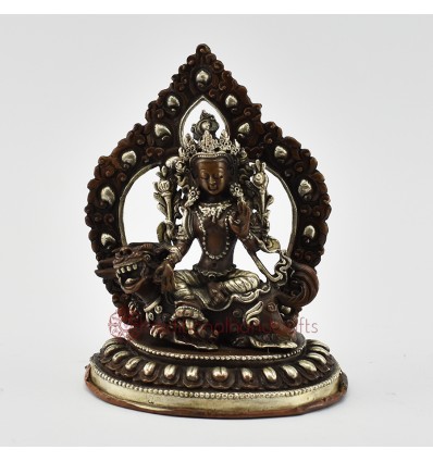 Fine Quality Oxidized Copper Alloy with Silver Plated 5" Green Tara on Lion Statue