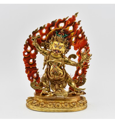 Hand Carved Buddhist Tibetan RitualGuru Dragpo Gold Gilded Hand Face Painted Copper Statue