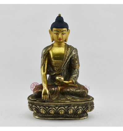 Hand Carved Gold Gilded and Silver Plated with Hand Painted Face 8" Shakyamuni Buddha Statue