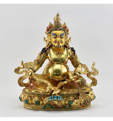 Hand Carved Gold Gilded & Hand Face Painted Buddhist Tibetan 12.5" Yellow Dzambhala Statue