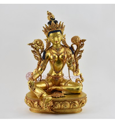 Hand Carved Gold Gilded & Hand Face Painted Buddhist Tibetan Green Tara / Dholma Copper Ritual Statu