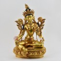 Hand Carved Gold Gilded & Hand Face Painted Buddhist Tibetan Green Tara / Dholma Copper Ritual Statu