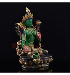 Hand Carved Gold Gilded Silver Plated & Hand Painted Five Metal Tibetan Buddhist Green Tara / Dholma Statue