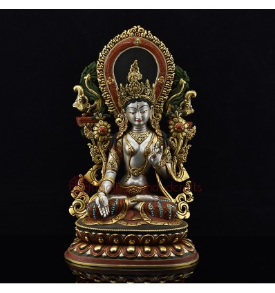 Hand Carved Copper Alloy Gold Gilded & Hand Painted Tibetan White Tara / Dholkar Statue Rupa